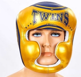 Шлем боксерский с полной защитой кожаный  Twins FHG-TW4GD-BU сине-желтый - Фото №2