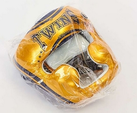 Шлем боксерский с полной защитой кожаный  Twins FHG-TW4GD-BU сине-желтый - Фото №6