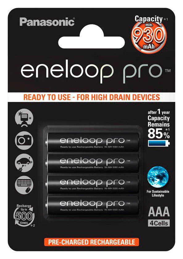 

Аккумуляторы Panasonic Eneloop Pro AAA 930 мАч, 4 шт (BK-4HCDE/4BE)