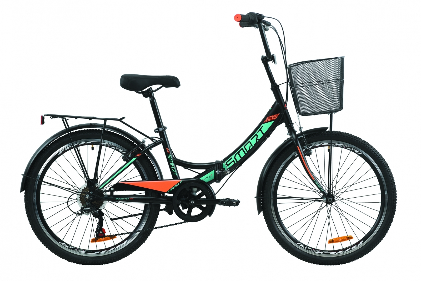 

Велосипед складной Formula SMART 7 с задним багажником St, с крылом St, с корзиной 2020 - 24", Черно-оранжевый с бирюзовым (OPS-FR-24-221)