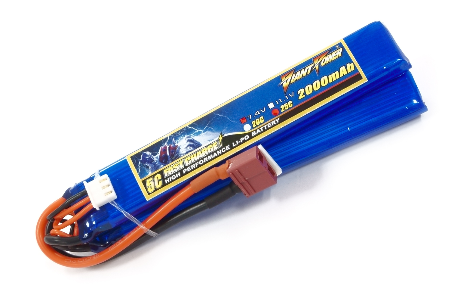 

Аккумулятор для страйкбола Giant Power Li-Pol 7.4V 2S 2000mAh 25C 2 лепестка 10.5х21х126мм T-Plug