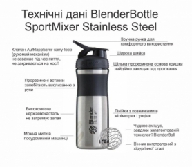 Пляшка спортивна-шейкер BlenderBottle SportMixer Stainless Steel Black 820мл (з нержавіючої харчової cтали) - Фото №7