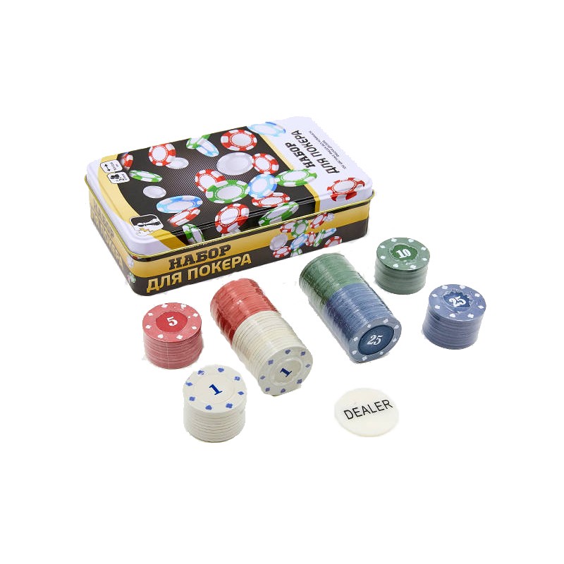 Набор для игры в покер в металлической коробке на 100 фишек с номиналом (538-053)