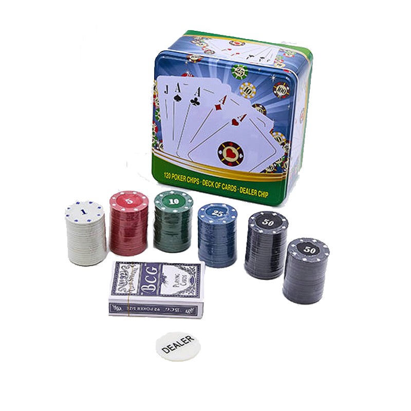 Набор для игры в покер в металлической коробке на 120 фишек с номиналом IG-6893