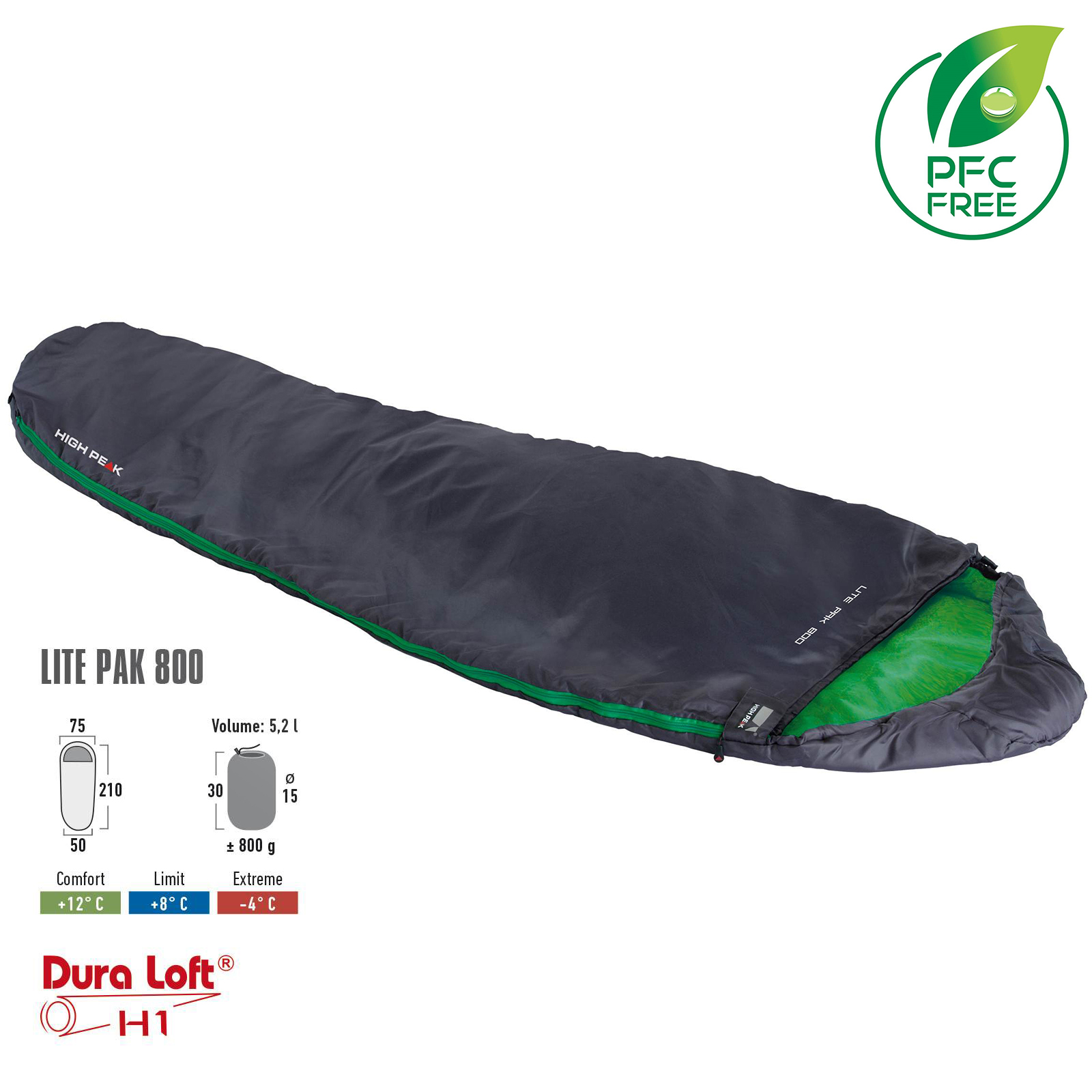 

Мешок спальный (спальник) High Peak Lite Pak 800/+8°C (SN928921), Серый